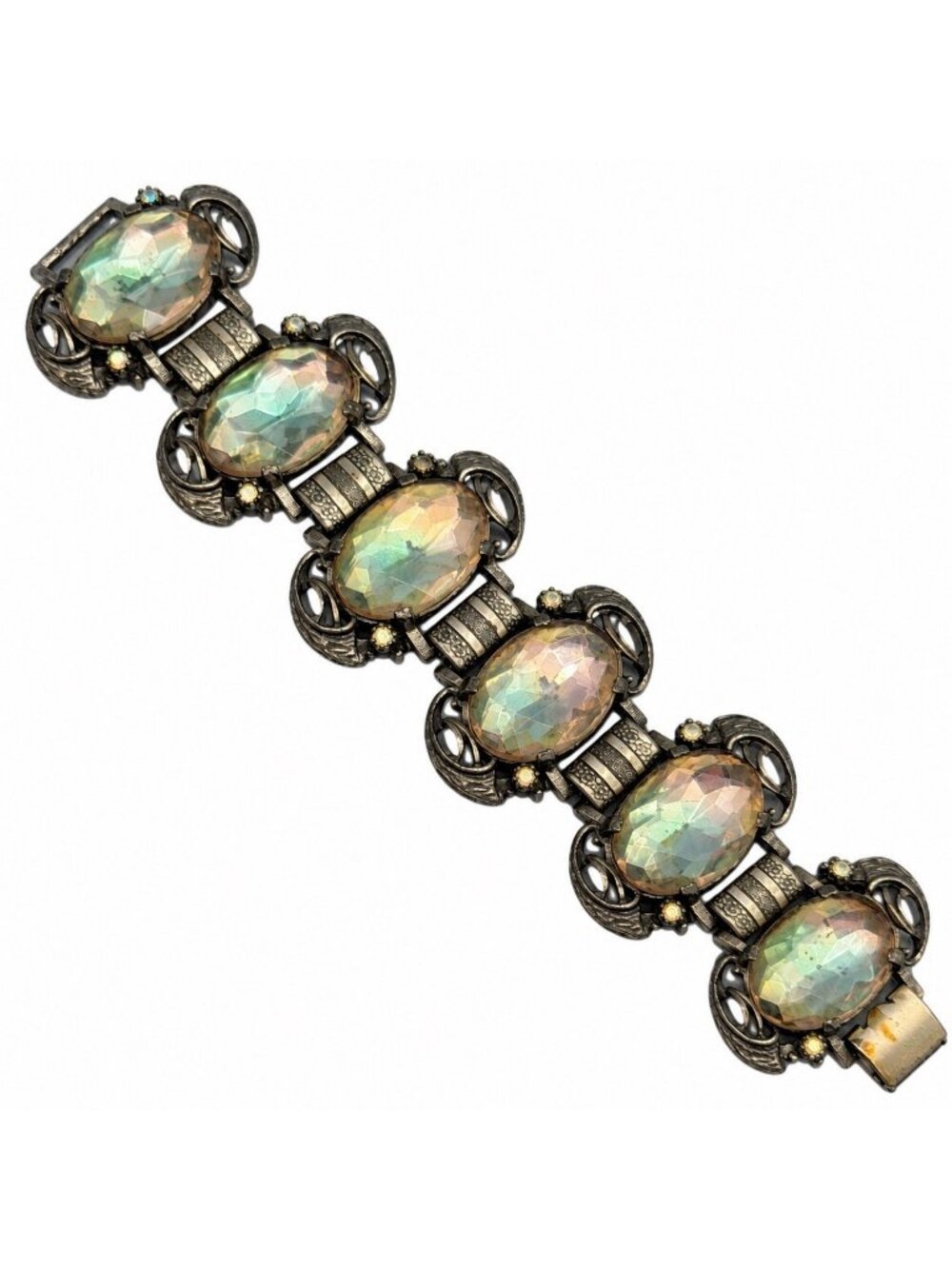 1930s Czech Iridescent Faceted Glass Rhinestone Art Nouveau Link Bracelet